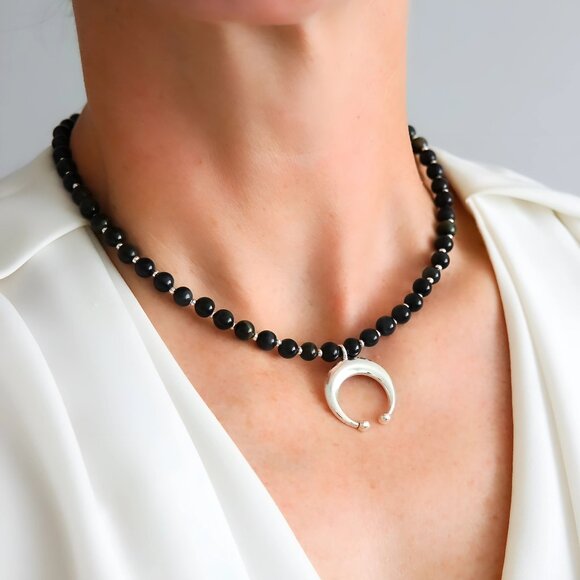 Blue Tiger's Eye Crescent Moon Choker Necklace - Picture 3 of 6